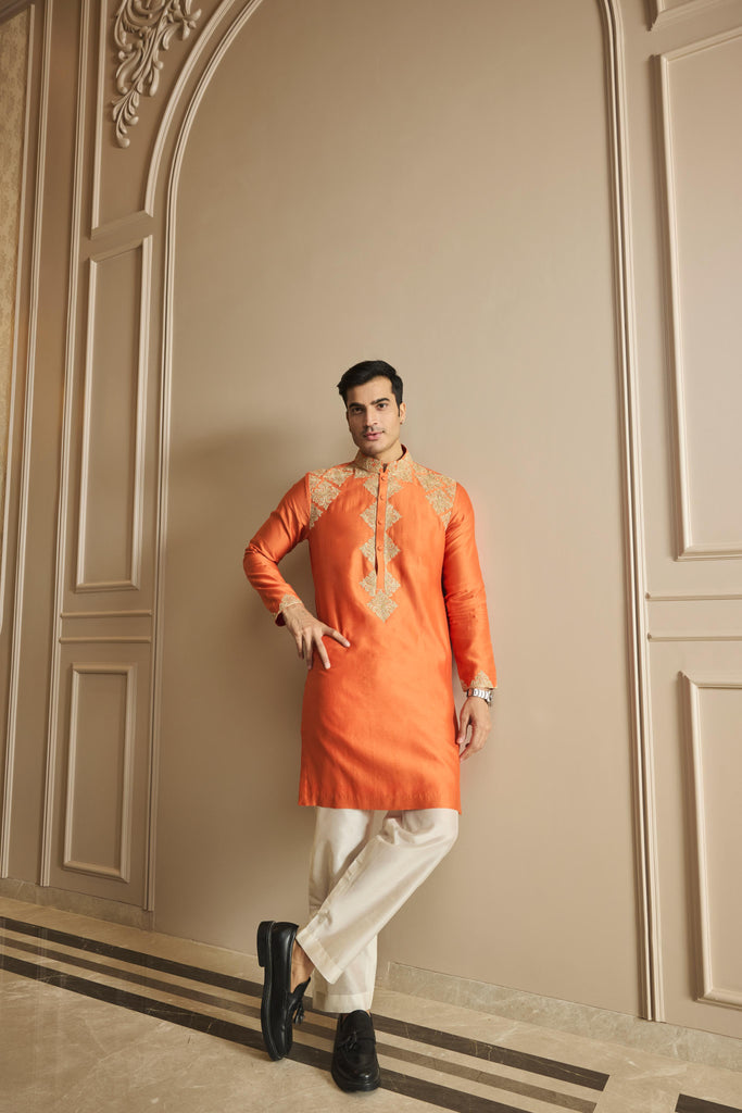 Orange embroidered kurta pant set
