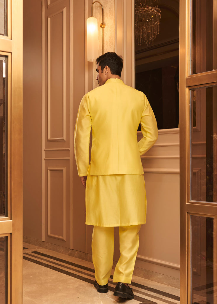 Pastel yellow bundi kurta pant set