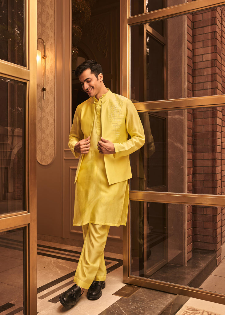 Pastel yellow bundi kurta pant set