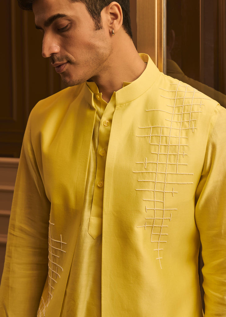 Pastel yellow bundi kurta pant set