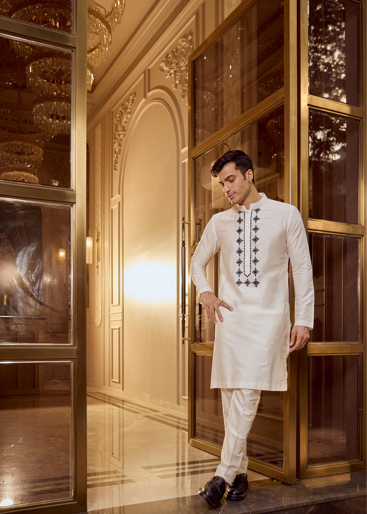 White embroidered kurta pant set