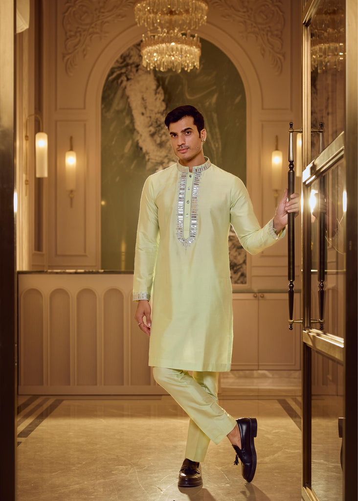 Green embroidered kurta pant set