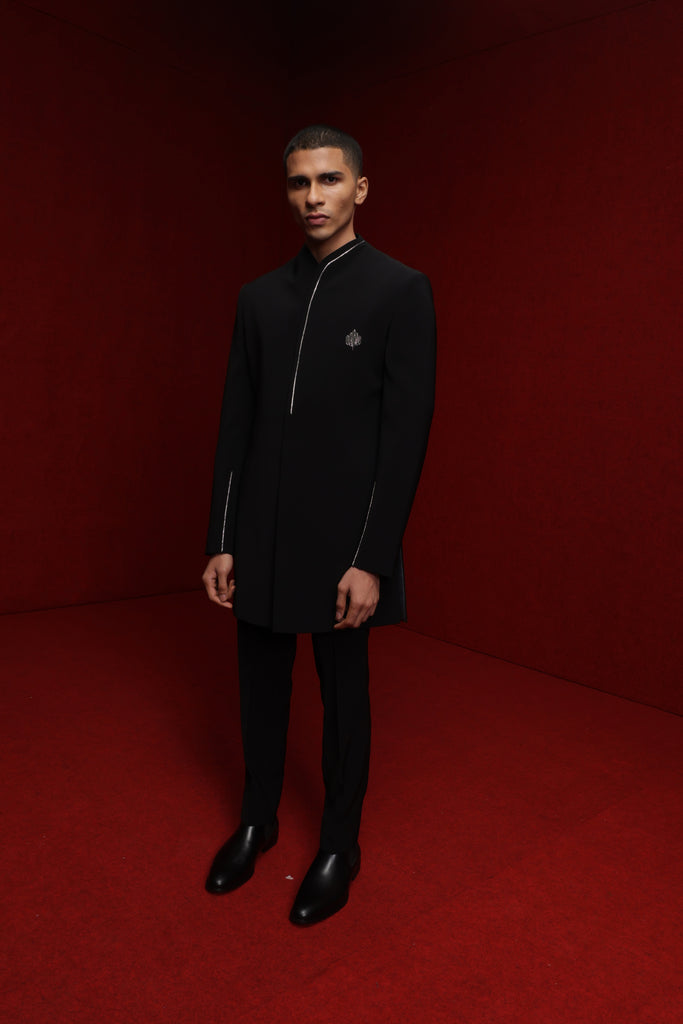 BLACK INDOWESTERN WITH LEAF MOTIF AND EMB ON COLLAR PAIRED WITH TONAL FITTED PANTS