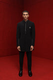 BLACK INDOWESTERN WITH LEAF MOTIF AND EMB ON COLLAR PAIRED WITH TONAL FITTED PANTS