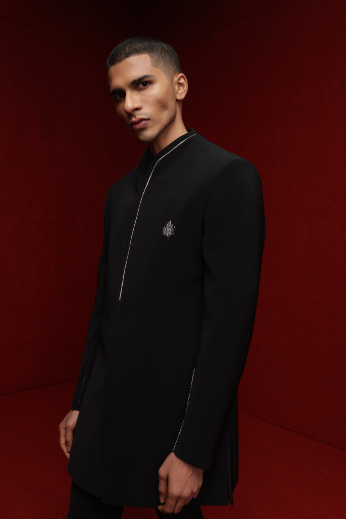 BLACK INDOWESTERN WITH LEAF MOTIF AND EMB ON COLLAR PAIRED WITH TONAL FITTED PANTS