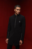 BLACK INDOWESTERN WITH LEAF MOTIF AND EMB ON COLLAR PAIRED WITH TONAL FITTED PANTS