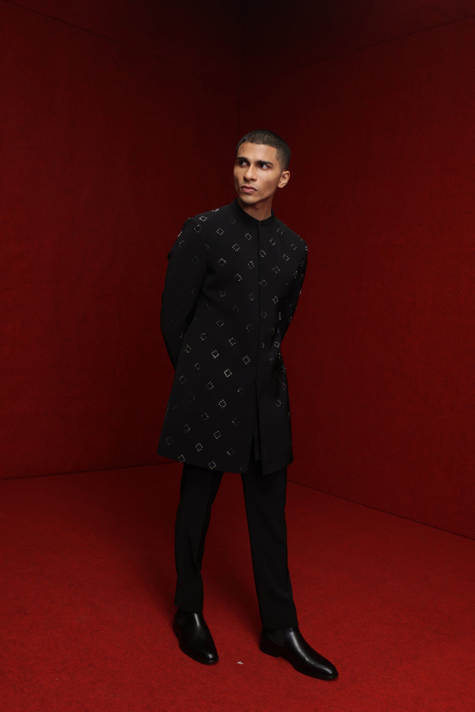 BLACK INDOWESTERN WITH ALL OVER DIAMOND MOTIF PAIRED WITH TONAL FITTED PANTS