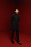 BLACK INDOWESTERN WITH ALL OVER DIAMOND MOTIF PAIRED WITH TONAL FITTED PANTS