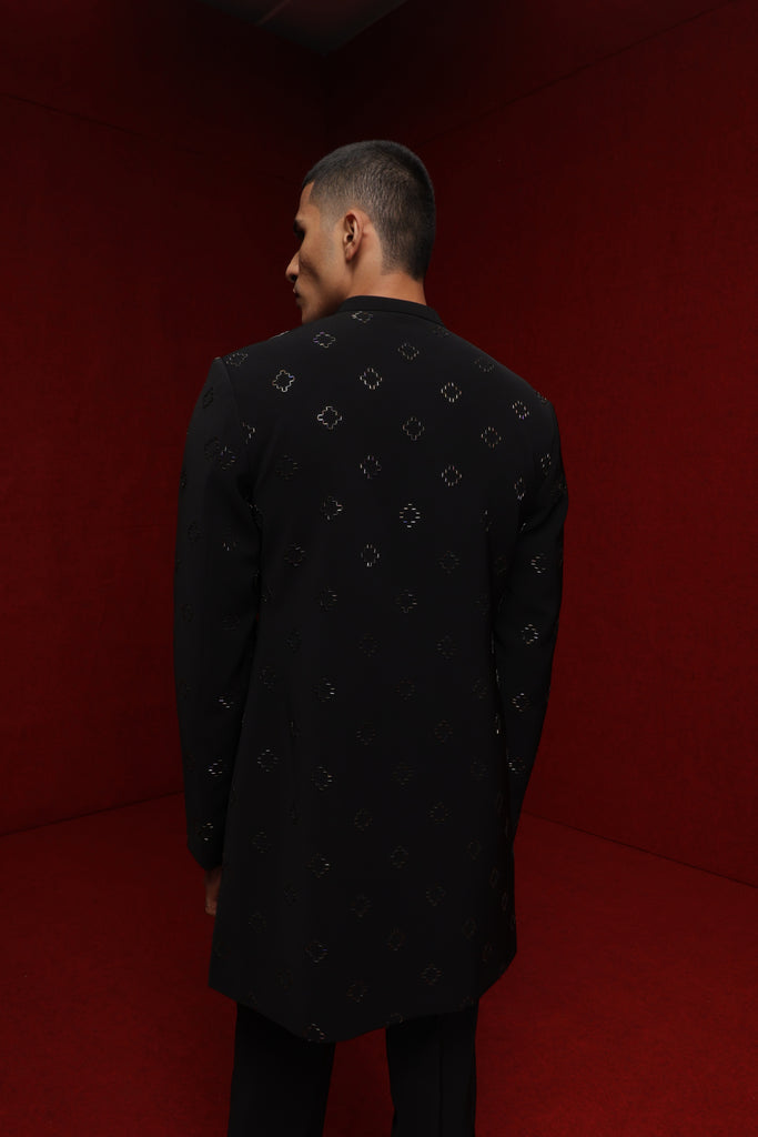 BLACK INDOWESTERN WITH ALL OVER DIAMOND MOTIF PAIRED WITH TONAL FITTED PANTS