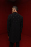 BLACK INDOWESTERN WITH ALL OVER DIAMOND MOTIF PAIRED WITH TONAL FITTED PANTS