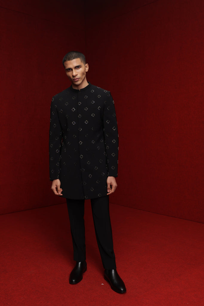 BLACK INDOWESTERN WITH ALL OVER DIAMOND MOTIF PAIRED WITH TONAL FITTED PANTS