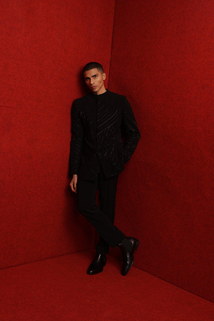 BLACK INDOWESTERN WITH EMB DETAIL ALL OVER PAIRED WITH TONAL FITTED PANTS