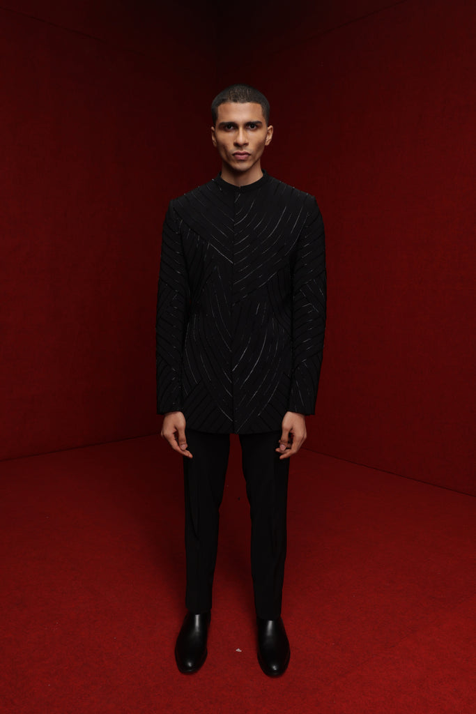 BLACK INDOWESTERN WITH EMB DETAIL ALL OVER PAIRED WITH TONAL FITTED PANTS