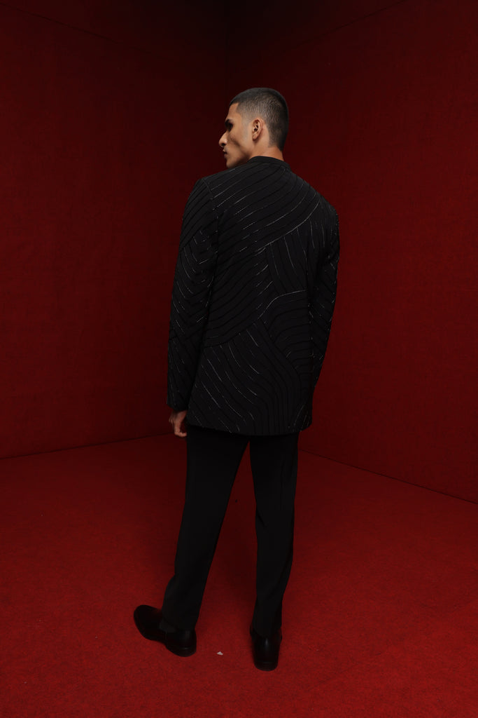 BLACK INDOWESTERN WITH EMB DETAIL ALL OVER PAIRED WITH TONAL FITTED PANTS