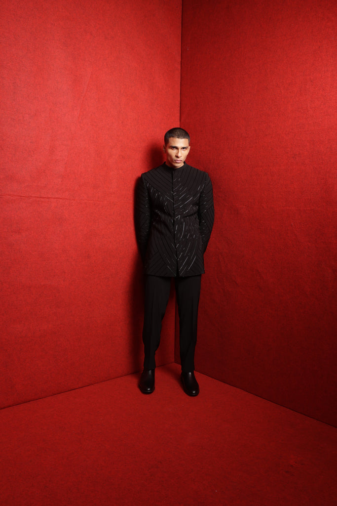 BLACK INDOWESTERN WITH EMB DETAIL ALL OVER PAIRED WITH TONAL FITTED PANTS