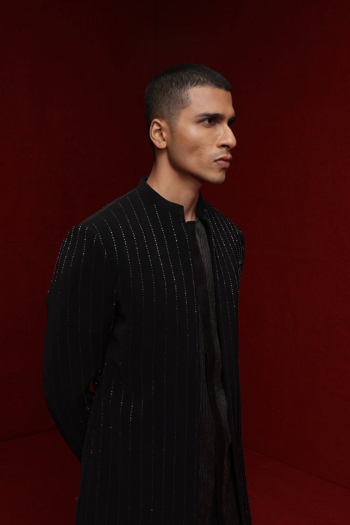 BLACK OPEN STYLE INDOWESTERN WITH EMBROIDERED VERTICAL LINES PAIRED WITH EMB YOKE KURTA AND FITTED PANTS