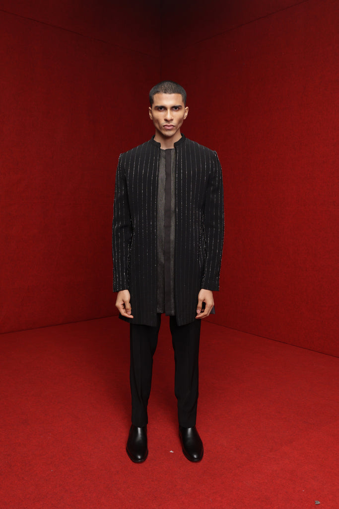 BLACK OPEN STYLE INDOWESTERN WITH EMBROIDERED VERTICAL LINES PAIRED WITH EMB YOKE KURTA AND FITTED PANTS
