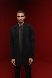 BLACK OPEN STYLE INDOWESTERN WITH EMBROIDERED VERTICAL LINES PAIRED WITH EMB YOKE KURTA AND FITTED PANTS