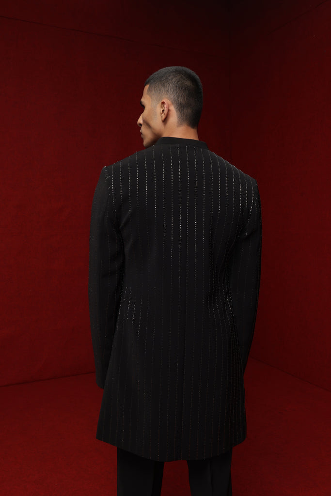 BLACK OPEN STYLE INDOWESTERN WITH EMBROIDERED VERTICAL LINES PAIRED WITH EMB YOKE KURTA AND FITTED PANTS