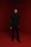 BLACK INDOWESTERN WITH EMBROIDERED SLEEVE LINES AND TIE UP DETAIL PAIRED WITH TONAL KURTA FIITED PANTS
