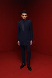 NAVY BLUE INDOWESTERN WITH DIAGONAL DETAIL ON ONE SIDE PAIRED WITH BURGUNDY BROAD STAND KURTA AND NAVY BLUE