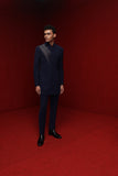 NAVY BLUE INDOWESTERN WITH DIAGONAL DETAIL ON ONE SIDE PAIRED WITH BURGUNDY BROAD STAND KURTA AND NAVY BLUE