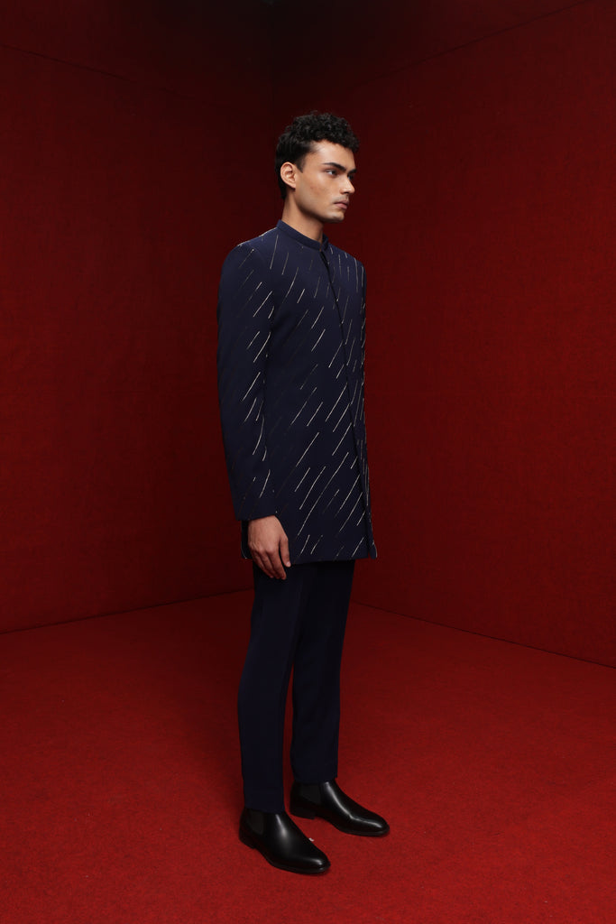 NAVY BLUE INDOWESTERN WITH ALL OVER MOTIF PAIRED WITH TONAL FITTED PANTS