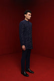 NAVY BLUE INDOWESTERN WITH ALL OVER MOTIF PAIRED WITH TONAL FITTED PANTS