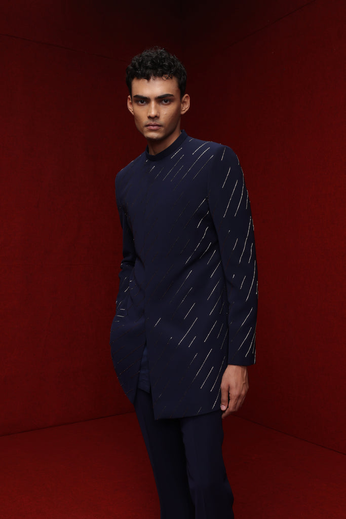 NAVY BLUE INDOWESTERN WITH ALL OVER MOTIF PAIRED WITH TONAL FITTED PANTS
