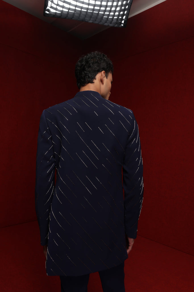 NAVY BLUE INDOWESTERN WITH ALL OVER MOTIF PAIRED WITH TONAL FITTED PANTS