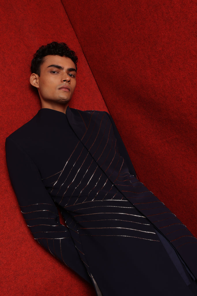 NAVY BLUE EMB INDOWESTERN PAIRED WITH TONAL FITTED PANTS