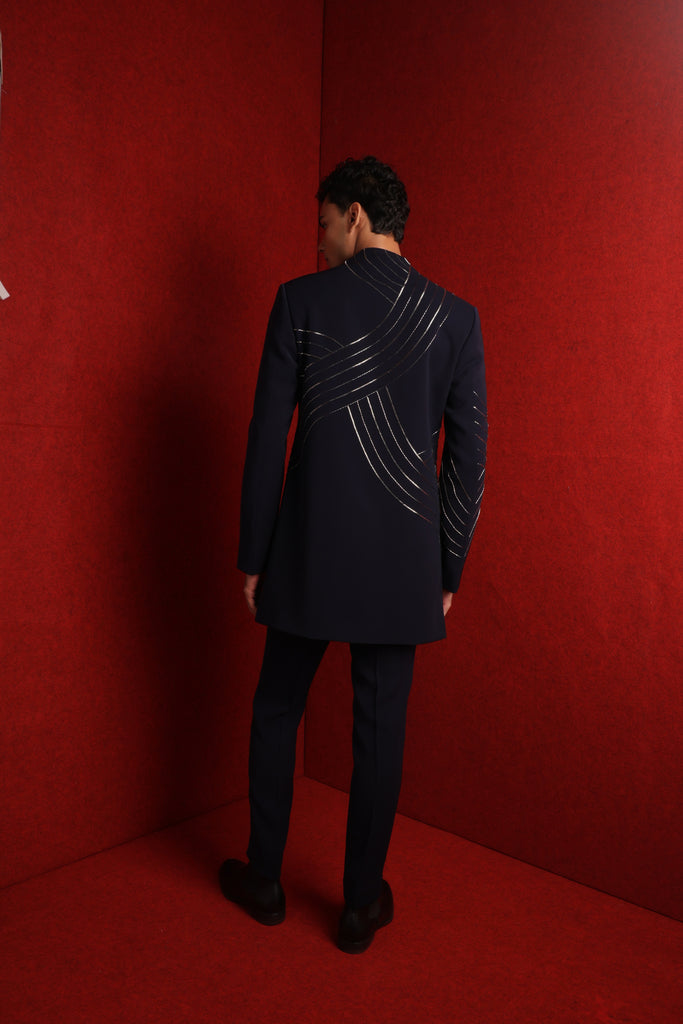 NAVY BLUE EMB INDOWESTERN PAIRED WITH TONAL FITTED PANTS