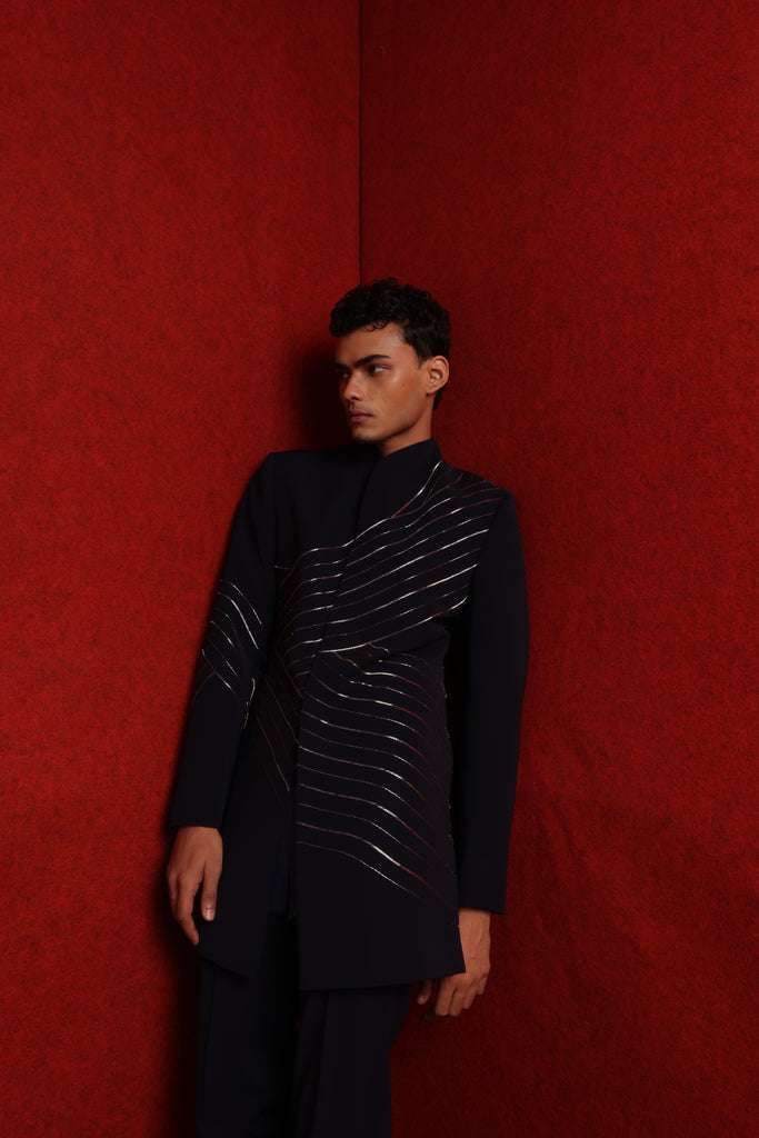 NAVY BLUE EMB INDOWESTERN PAIRED WITH TONAL FITTED PANTS