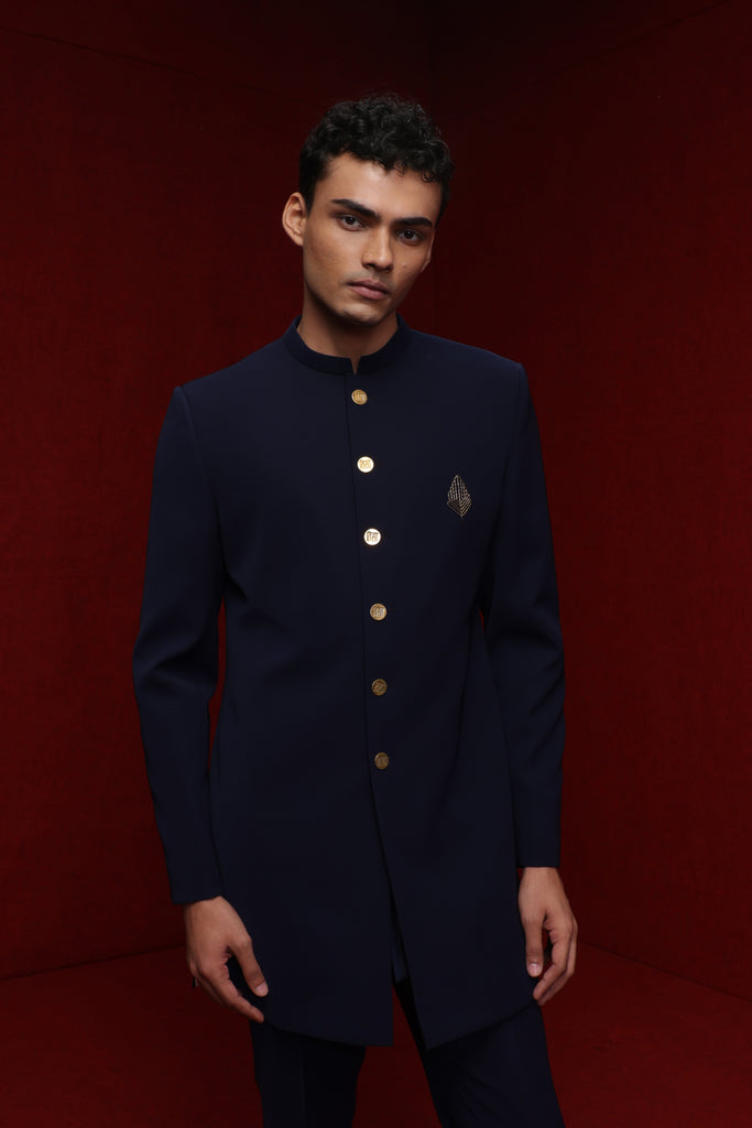 NAVY BLUE INDOWESTERN WITH LEAF MOTIF AND TISA BUTTONS PAIRED WITH TONAL FITTED PANTS