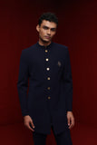 Navy blue indowestern with leaf motif and tisa buttons paired with tonal  fitted pants
