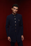 NAVY BLUE INDOWESTERN WITH LEAF MOTIF AND TISA BUTTONS PAIRED WITH TONAL FITTED PANTS