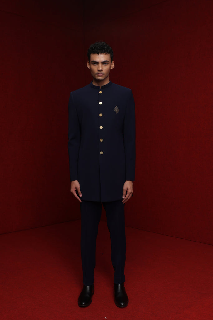 NAVY BLUE INDOWESTERN WITH LEAF MOTIF AND TISA BUTTONS PAIRED WITH TONAL FITTED PANTS