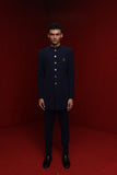 Navy blue indowestern with leaf motif and tisa buttons paired with tonal  fitted pants