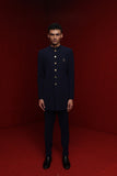 NAVY BLUE INDOWESTERN WITH LEAF MOTIF AND TISA BUTTONS PAIRED WITH TONAL FITTED PANTS