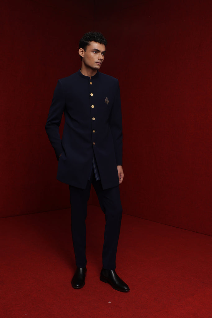 NAVY BLUE INDOWESTERN WITH LEAF MOTIF AND TISA BUTTONS PAIRED WITH TONAL FITTED PANTS