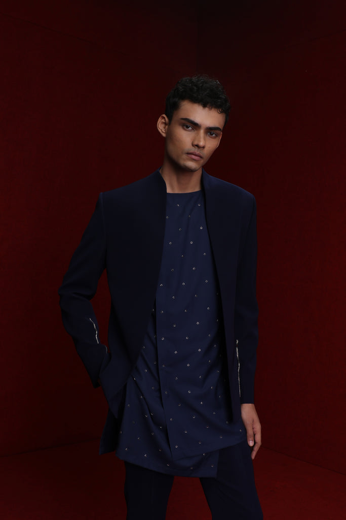 NAVY BLUE INDOWESTERN WITH GOLD DETAIL ON SLEEVES PAIRED WITH TONAL ALL OVER EMB ASYM KURTA AND FITTED PANTS