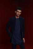 Navy blue indowestern with gold detail on sleeves paired with tonal all over emb asym kurta and fitted pants