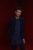 NAVY BLUE INDOWESTERN WITH GOLD DETAIL ON SLEEVES PAIRED WITH TONAL ALL OVER EMB ASYM KURTA AND FITTED PANTS