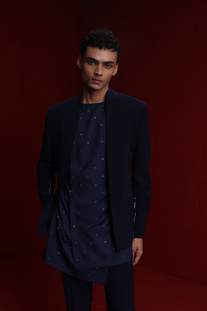 NAVY BLUE INDOWESTERN WITH GOLD DETAIL ON SLEEVES PAIRED WITH TONAL ALL OVER EMB ASYM KURTA AND FITTED PANTS