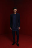 NAVY BLUE INDOWESTERN WITH GOLD DETAIL ON SLEEVES PAIRED WITH TONAL ALL OVER EMB ASYM KURTA AND FITTED PANTS