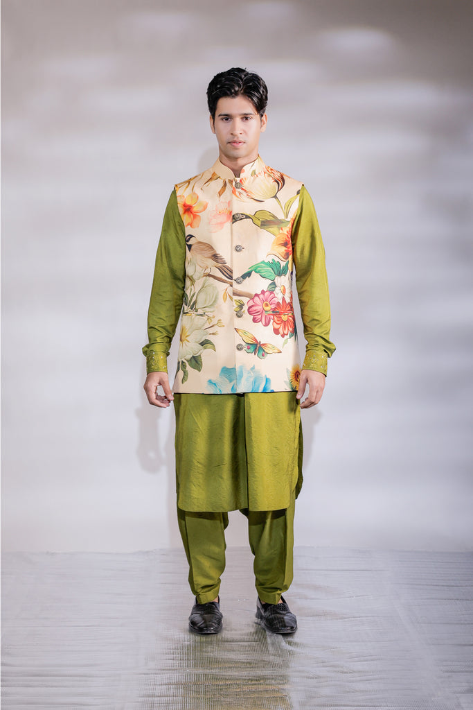 SHAFAQAT PRINTED NEHRU WITH GREEN KURTA SET