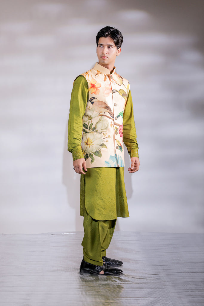 SHAFAQAT PRINTED NEHRU WITH GREEN KURTA SET