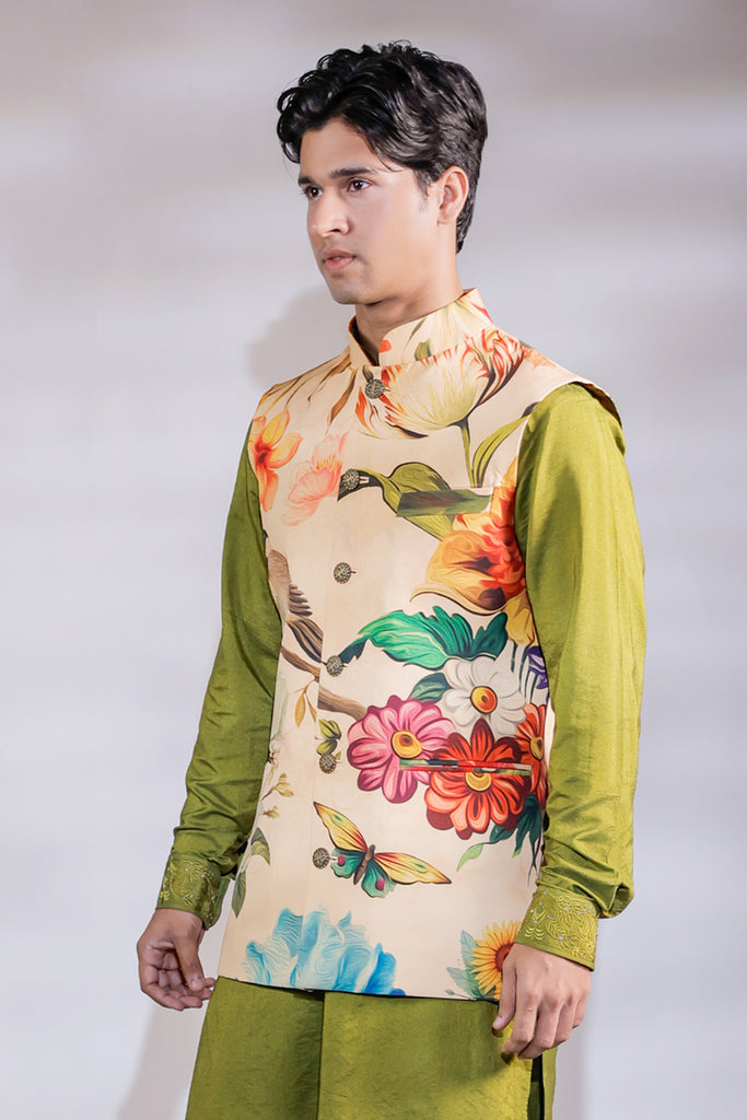 SHAFAQAT PRINTED NEHRU WITH GREEN KURTA SET