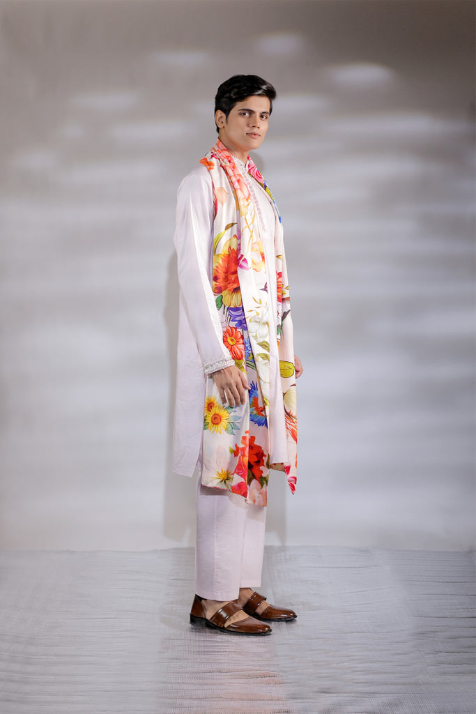 ILTAZAH EMBROIDERED KURTA PAJAMA AND PRINTED STOLE SET