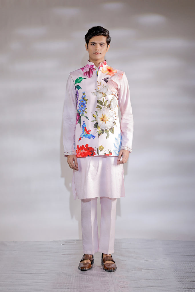 ILTAZAH EMBROIDERED KURTA PAJAMA AND PRINTED NEHRU SET